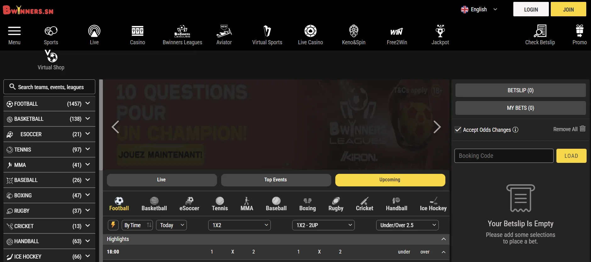 Interface Bwinners Sénégal